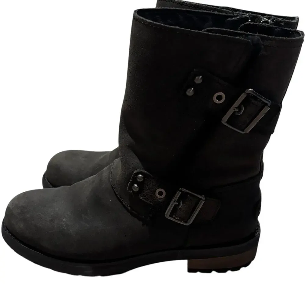 UGG Australia Women's Black Suede Biker Booties Buckle Strap Sz 7 Boots 1095130